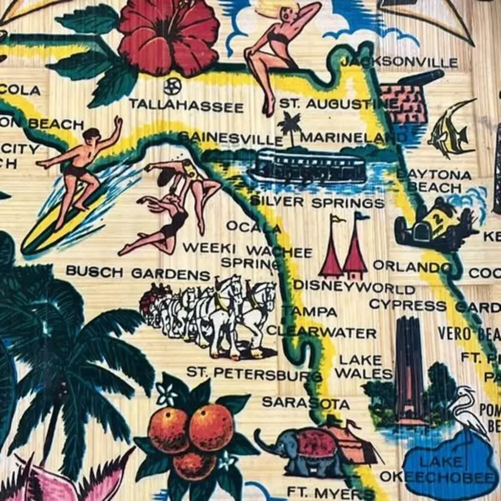 Vintage 1970s Kitsch Florida Souvenir Woven Bamboo Map Bowl - MINT with Labels